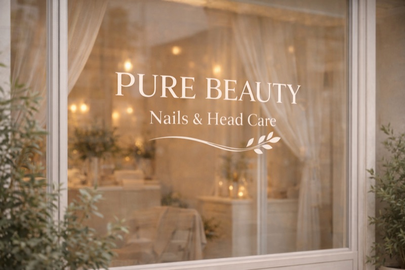 Manicure stations with warm lighting at PURE BEAUTY salon