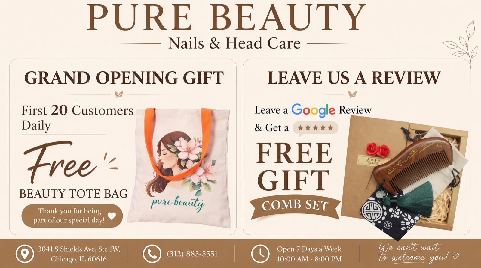 PURE BEAUTY grand opening specials in Bridgeport Chicago — free beauty tote bag and comb set